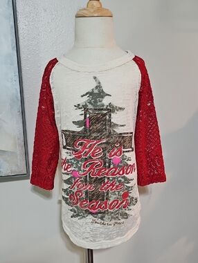 3 for $10 ✝️ Girls "He is the Reason for the Season" Lace Raglan Top